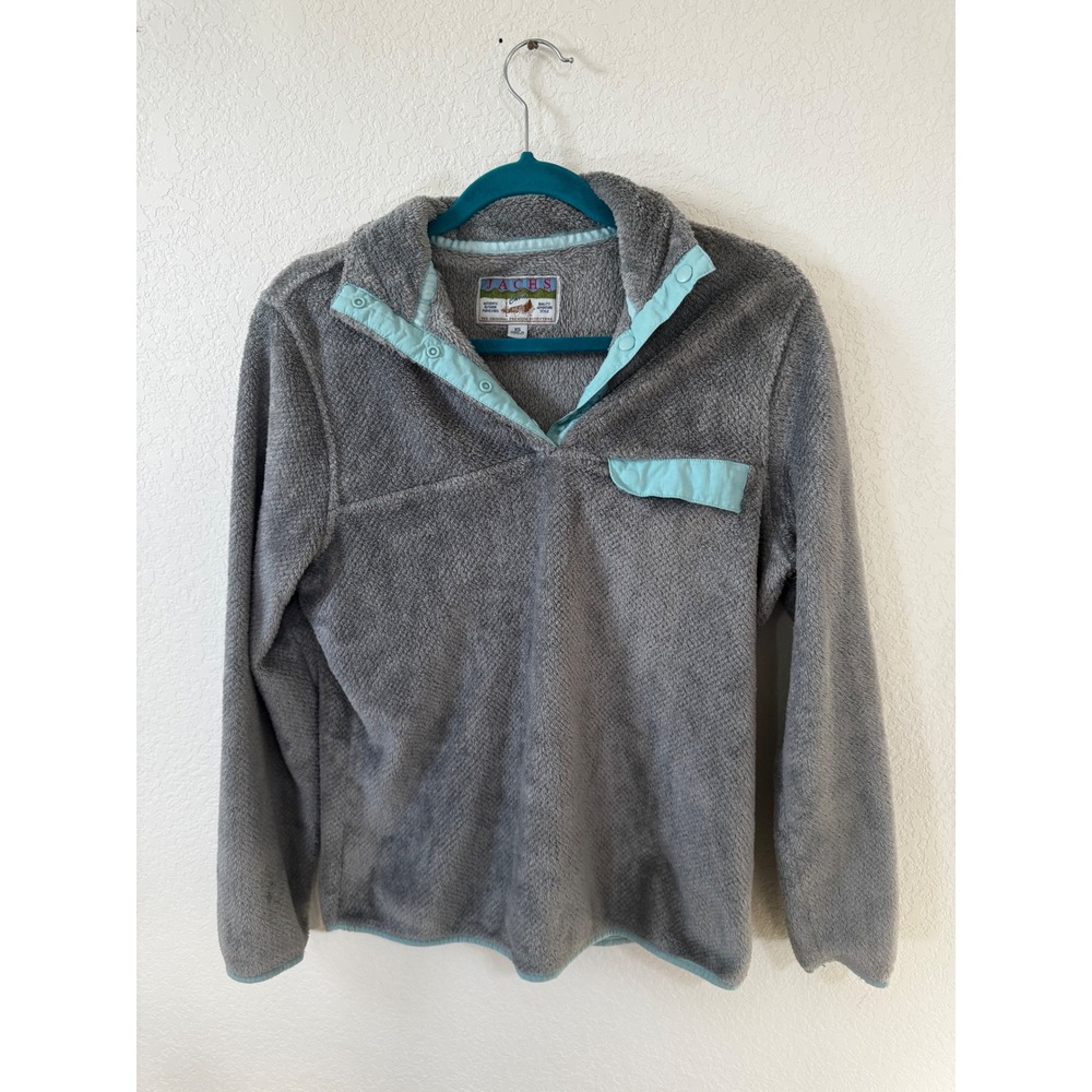 Jachs Cabin Fleece‎ Pullover Sweatshirt Gray Light Blue Snap Neck XS